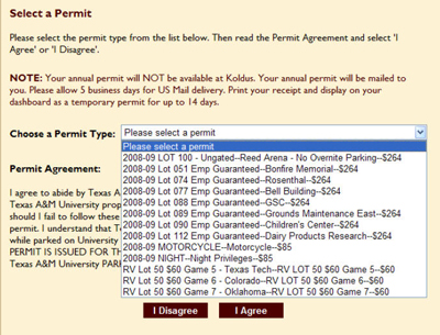 My Account Select a Permit screenshot